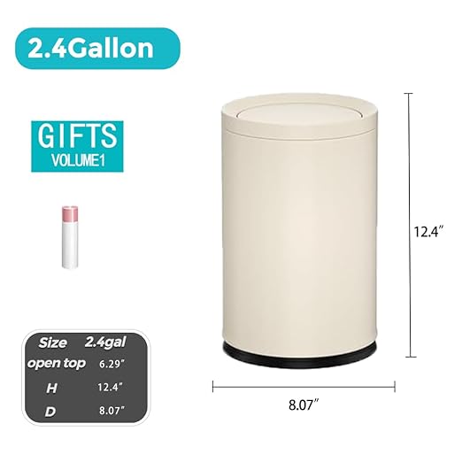 2.3 Gallon/9L White Round Trash Can with Swing Lid Metal Garbage CanModernElegant Waste Basketfor Bathroom BedroomLiving RoomOfficeRVHome(9L-White)
