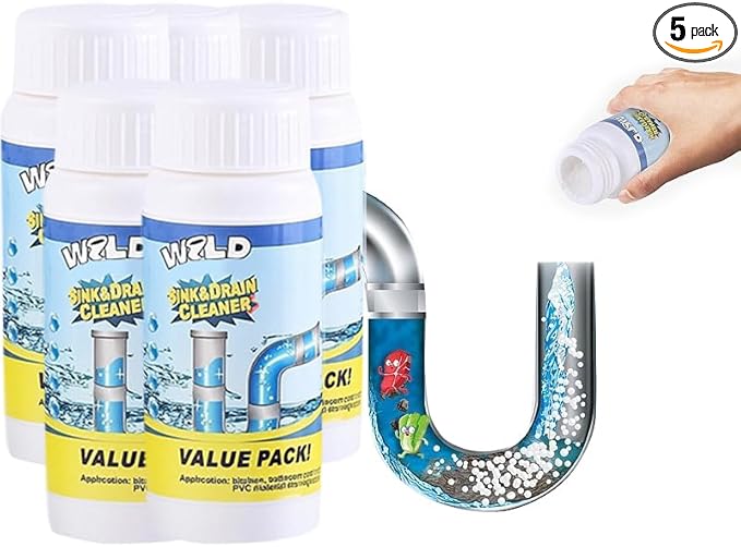 Foaming Sink &amp Drain Cleaner Powder 2026 Upgraded Fast-Acting Pipe Declogger for Kitchen Bathroom Shower Toilet Powerful Rapid Foam Drain Opener for Hair Grease &amp Odor Removal (5pcs)