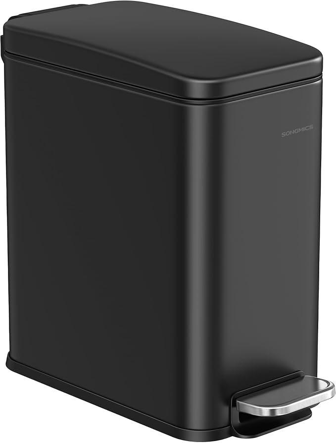 SONGMICS Bathroom Trash Can 1.3 Gallon (5 L) Small Trash Bin with Lid Slim for Small Spaces Stainless Steel Garbage Can Soft Close Black ULTB560B05