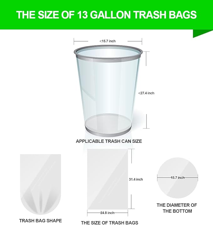 FORID 13 Gallon Trash Bags - Clear Plastic Garbage Bags Medium Tall Trash Can Liners for Kitchen Office Home Waste Bins Unscented One Box with 5 Roll 110 Count 55 Liter - Thick &amp Durable Trash Bag