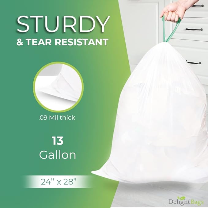 Tall Kitchen (200 count) 13 Gallon Drawstring Trash Bags White Kitchen Bags 0.9 Mil Thickness Tall Kitchen Garbage Bags13 Gallon