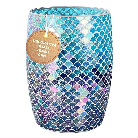 Escenzy Mermaid Bathroom Trash Can Mosaic Glass 5L | Decorative Small Garbage Can | 7 x 10 | Luxury Waste Basket for Restroom Office Bedroom &amp Kitchen | Shiny Glass Mermaid Bathroom Accessorie