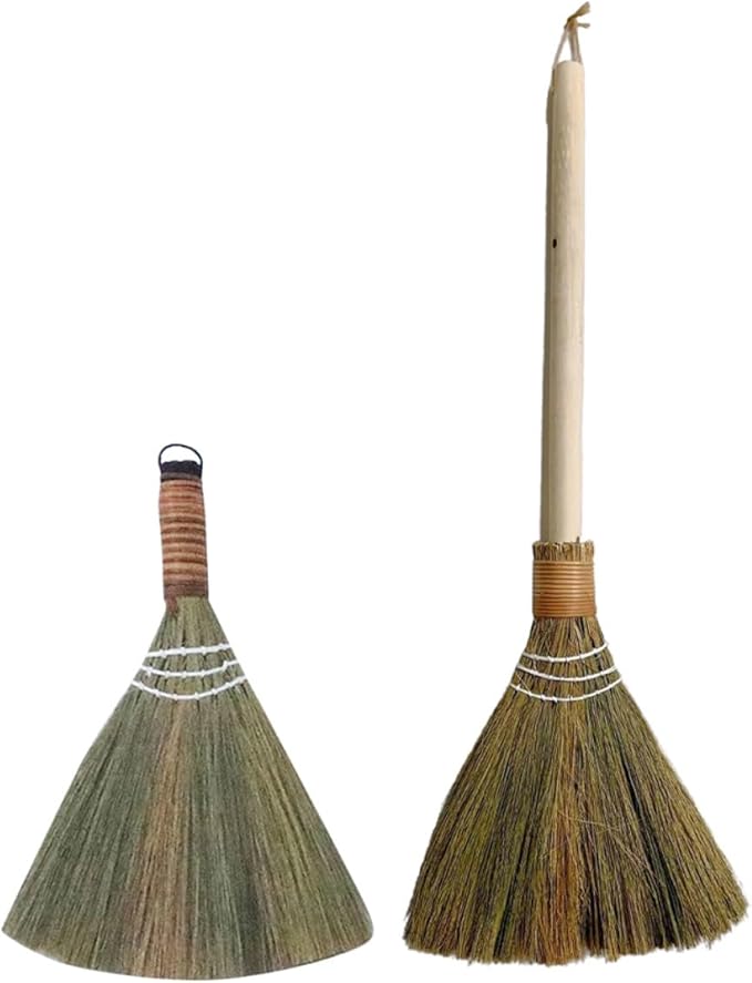 2Pcs Household Cleaning Brooms Set with Long Handles Hand-Woven Soft Grass Dust Sweeper Small Desktop Broom and Large Detachable Handle for Home Indoor Cleaning