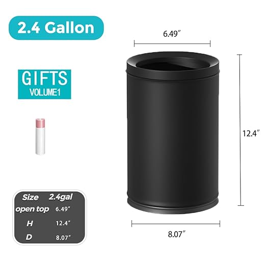 3.17 Gallon/12L Elegant Garbage CanDouble Layers Metal Trash CansLight Luxury Black Waste Basket for BathroomBedroomKitchenHotelOfficeBankHomeCafe (Black 12L)