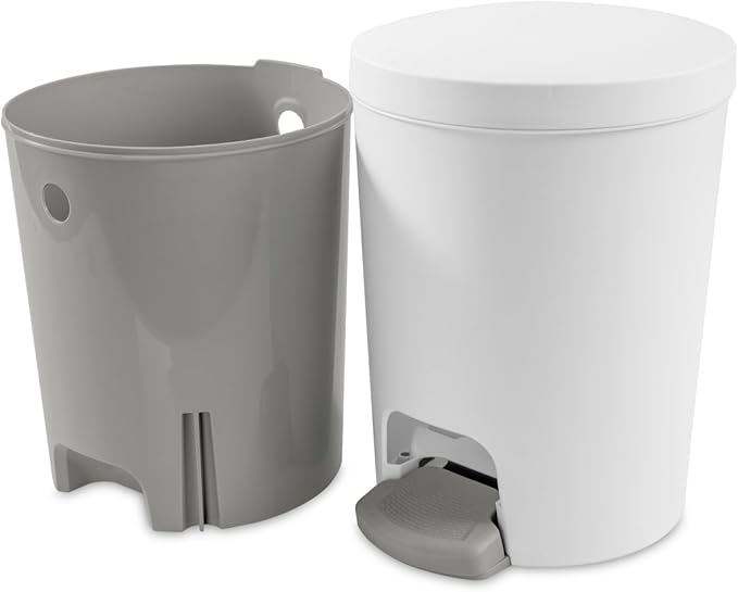 Sterilite 1.6 Gallon StepOn Wastebasket w/Lid Small Plastic Trash Can for the Bathroom Bedroom or Dorm Pedal and Liner White 2-Pack