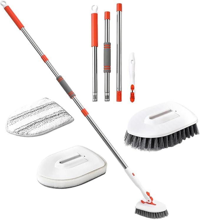 Didiseaon Bathroom Floor Scrubber Brush Set with Extendable Poles Hard Bristle Groove Cleaning Brush and Fiber Cloth with Base for Shower Tub Tile Stain Removal and Grout Cleaning