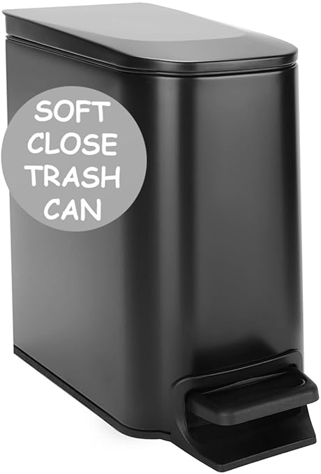 Homie Soft Close Slim Trash Can 6 Liter / 1.6 Gallon with Anti - Bag Slip Liner and Lid Use as Mini Garbage Basket Slim Dust Bin or Decor in Bathroom Restroom Kitchen or Bedroom (Matte Black)