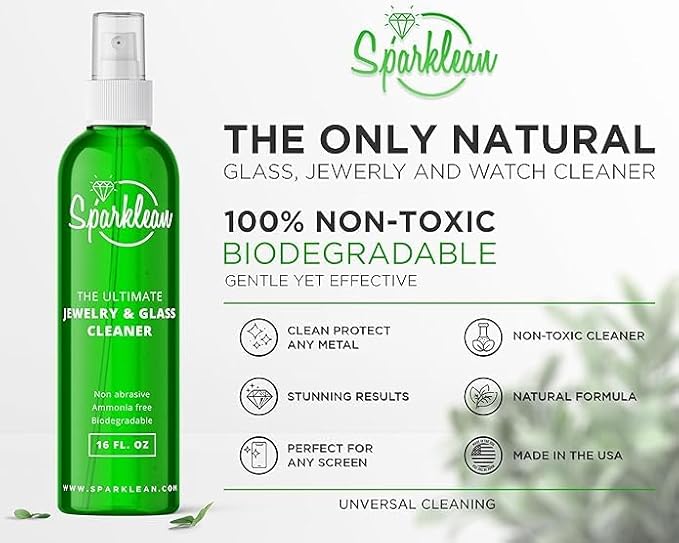SPARKLEAN Jewelry &amp Glass Cleaner Spray (32 Oz) - Biodegradable Ammonia-Free Solution for Gold Silver &amp Diamond Rings - Safe for Ultrasonic Machines - Eco-Friendly - Bulk Size
