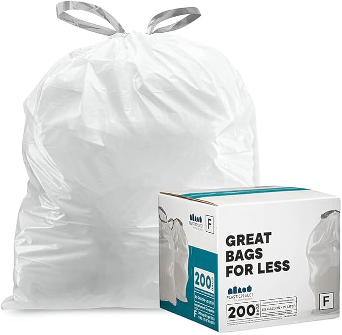 Plasticplace Custom Fit Trash Bags Compatible with simplehuman Code F (200 Count) White Drawstring Garbage Liners 6.5 Gallon 21.75 x 20