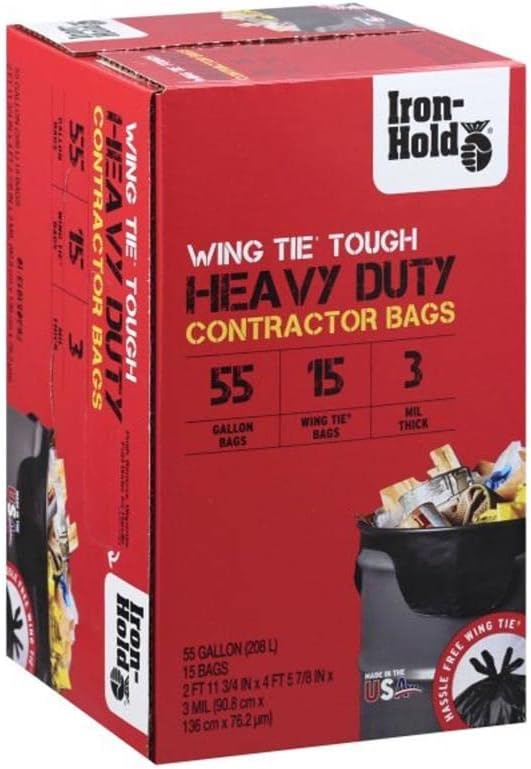 Iron-Hold 55 gal Contractor Bags Wing Ties 15 pk 3 mil