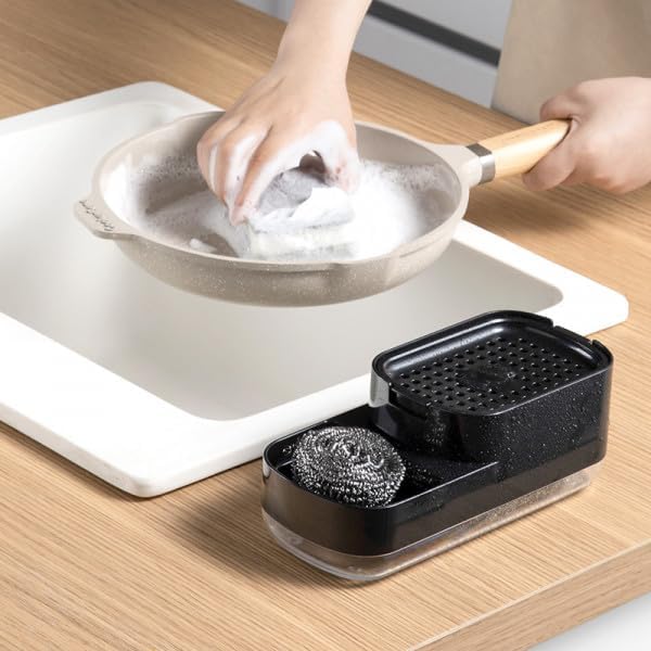 4 in 1 Kitchen Dish Soap Dispenser and Sponge Holder Set for Kitchen Sink with Soap Dispensing Dish Brush Sink Tray Scrub Sponge Replacement Brush Heads