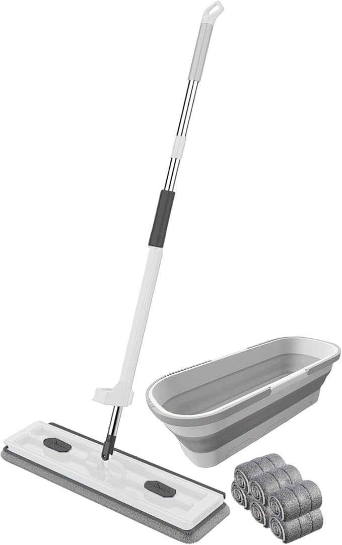 Large Flat Mop with 6 Microfiber Pads Stainless Steel Ergonomic Design Long Handle Drain Scraper 360 Rotation Floor Mop (White 1)