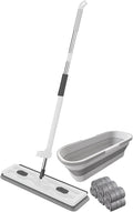 Large Flat Mop with 6 Microfiber Pads Stainless Steel Ergonomic Design Long Handle Drain Scraper 360 Rotation Floor Mop (White 1)