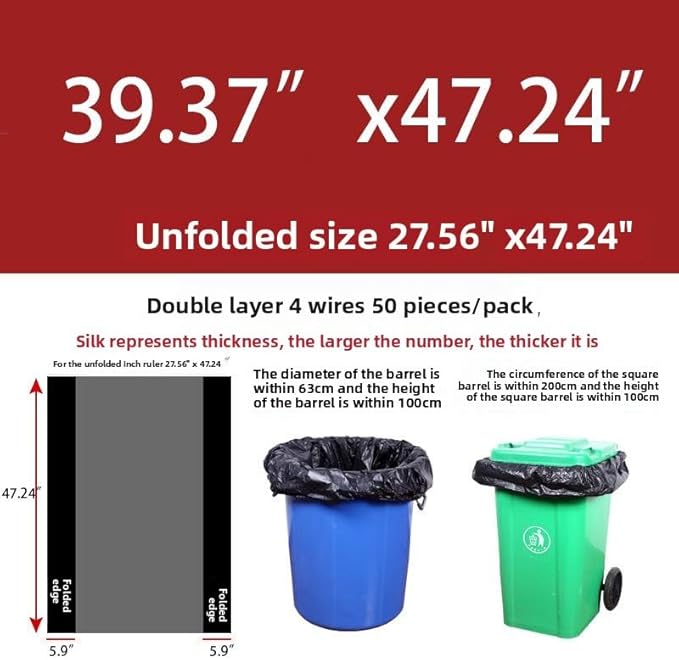 45-50 gallon 39.37 inches wide x 47.24 inches high Large garbage bag thick and oversized hotel oversized plastic bag disposable commercial and household use (80 pieces).