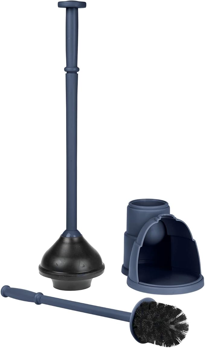 mDesign Plunger and Brush Set for Toilet Bowl - Hidden Modern Toilet Brush and Plunger Set with Caddy - Brush Cleaner and Plunger Combo with Holder for Bathroom - Hyde Collection - Navy Blue