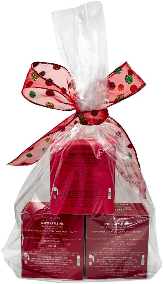 Bath &amp Body Works Wallflowers Refills FALL APPLE SCENT Collection 3pc Bundle with 40-Inch Red Holiday &amp Glittered Polka-Dot Ribbon Bow – Spiced Apple Toddy Honeycrisp &amp Warm Apple Pie (2-
