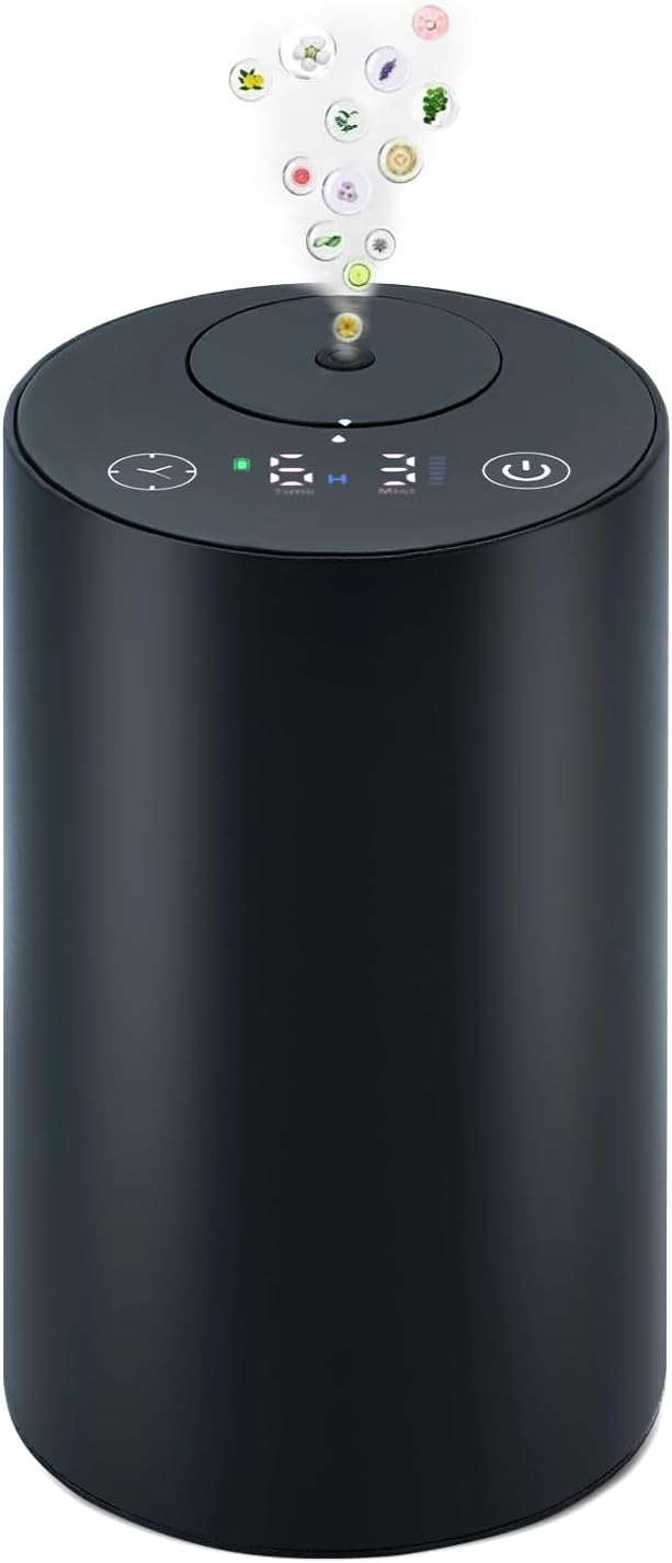 Waterless Essential Oil Diffuser – Aromatherapy Scent Diffusers for Home Office Hotel Bedroom – Modern and Elegant Mini Fragrance Diffuser – Cordless and Portable with Digital Display(Black)