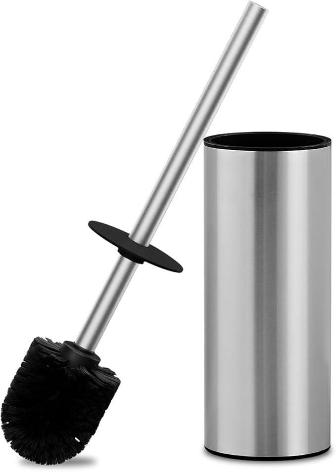 304 Stainless Steel Toilet Brush and Brush Holder Set Circular Floor Toilet Brush Holder Long Handle Bathroom Heavy-Duty Cleaner High-End Cylinder Wall2 Brush Head (Brushed) YIGUANXIN