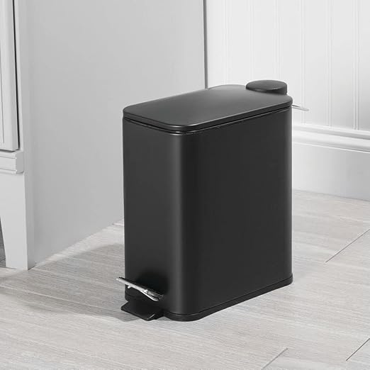 mDesign Slim Metal Rectangle 1.3 Gallon/5 Liter Trash Can with Step Pedal Easy-Close Lid Removable Liner - Narrow Wastebasket Garbage Container Bin for Bathroom Bedroom Kitchen - Black