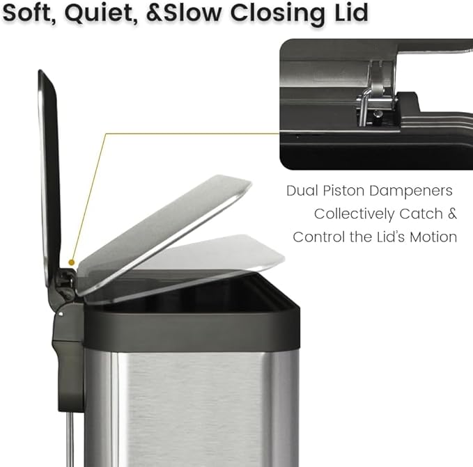 10 Gallon Ktichen Trash Can with Lid Stainless Steel Trash Can with Removable Inner Bucket Soft Close Lid Step-On Pedal Bin for Kitchen Office Bathroom