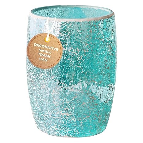 Escenzy Modern Bathroom Trash Can Mosaic Glass 5L | 7 x 10 | Decorative Small Garbage Can | Luxury Waste Basket for Restroom Office Bedroom &amp Kitchen | Shiny Turquoise Green Bathroom Accessori