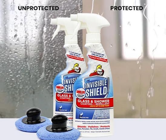 Invisible Shield Protective Glass Shower Coating for Showers Mirrors Windows Tile to Repel Soap Scum and Hard Water Minerals for Easier Cleaning (2 Pack) 16 oz