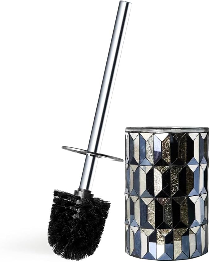Escenzy Cute Toilet Brush and Holder Set Mosaic Glass | Non-Rustic Stainless Steel | Practical &amp Decorative Toilet Bowl Brush and Holder | Luxury Black and Gold Bathroom Accessories (Latest)