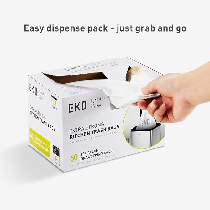 EKO Ultimate Trash Bag Starter Set – Includes 60 Count of 13 Gallon Easy-Dispense Drawstring Trash Bags plus 60 Count of 21 Gallon Easy-Dispense Drawstring Trash Bags