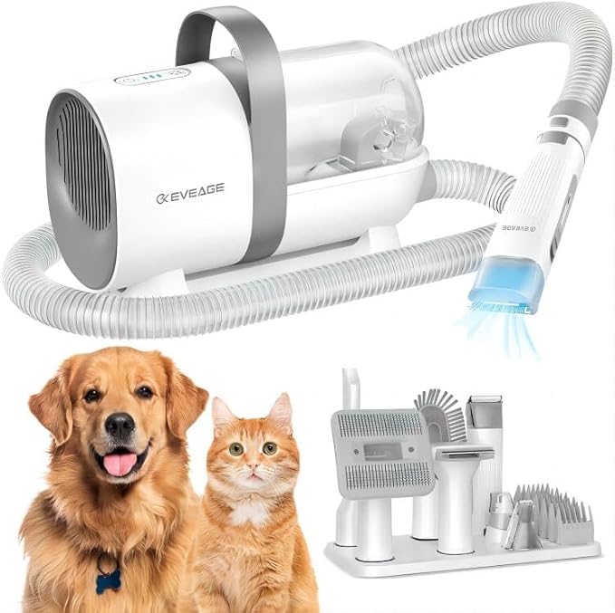 EVEAGE Dog Grooming Clipper Kit 13000Pa Strong Grooming &amp Vacuum Suction 99.99% Pet Hair 1.5L Large Capacity Dust Cup Low Noise Pet Hair Vacuum 7 Grooming Tools &amp 6 Nozzles for Cat &amp Do