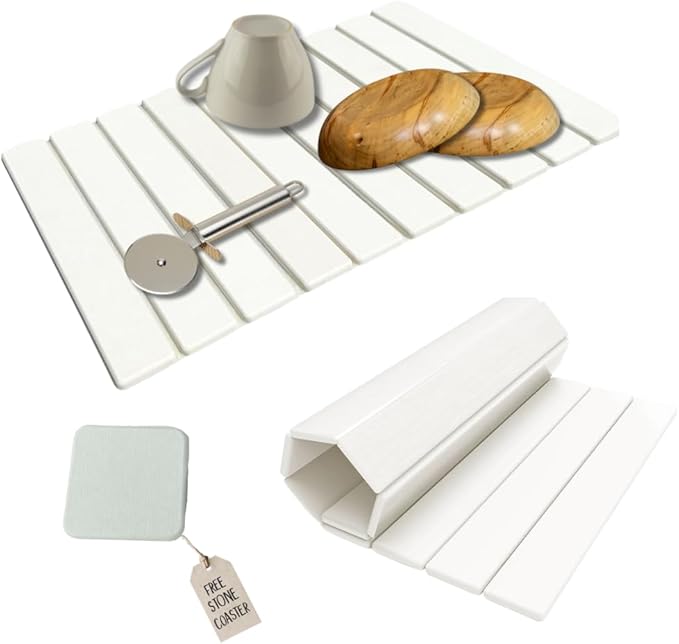 Roll-Up Stone Mat - Premium Diatomaceous Earth Dish Drying Rack Water Absorbent Roll-Out Dish Drying Mat for Kitchen Countertops Eco-Friendly Quick-Dry Surface White