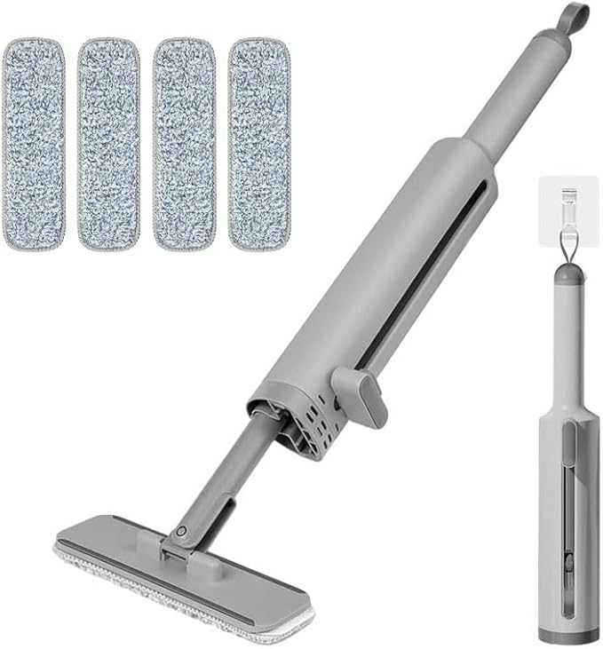 Portable Mini Self-Squeezing Flat Mop with Rotatable Head Reusable Microfiber Pads for Floor Window Sill Kitchen Bathroom &amp Tile Cleaning (Gray + 4 Cloths)