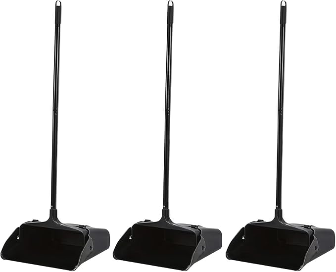 3-Pack Commercial Upright Dust Pan with Long Handle and Wheels – Heavy Duty Large Dust Pans for Indoor/Outdoor Use Janitorial or House Cleaning Tools Black Standing Dustpan