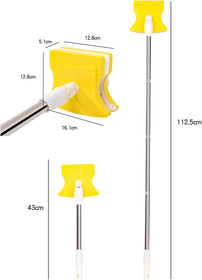 Double-Side Magnetic Glass Cleaner with 360 Degree Rotation Head and Stainless Steel Extension Pole Home Cleaning Wiper for High-Rise Windows 5-36cm Green (Yellow)