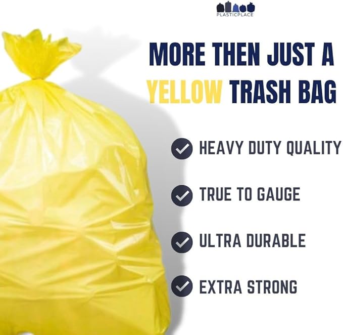 Plasticplace 55-60 Gallon Trash Bags │ 1.5 Mil │ Yellow Heavy Duty Garbage Can Liners │ 38” x 58” (100 Count)