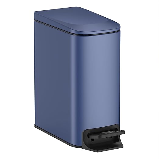 TIPGO Slim Bathroom Trash Can with Lid Soft Close Step Pedal 6 Liter / 1.6 Gallon Stainless Steel Trash Bin Small Garbage Can for Bedroom Office Kitchen (Navy Blue)