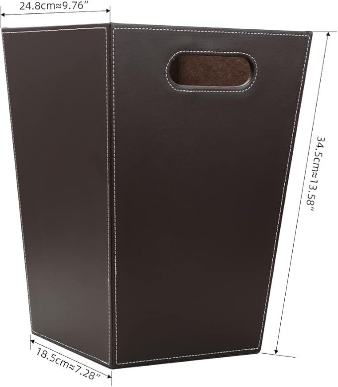 KINGFOM Classic Pu Leather Trash Can Wastebasket Garbage Container Bin with Handles for Bathrooms Powder Rooms Kitchens Home Office and and High Class Hotel Square Brown