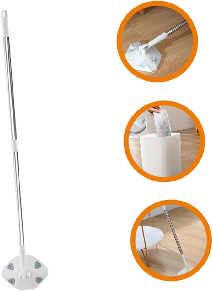 Retractable Dust Mop with Long Handle and Rotatable Microfiber Head White Triangular Dry Floor Cleaning Mop for Household Use Easy Dust Removal with Face Towel Replacement