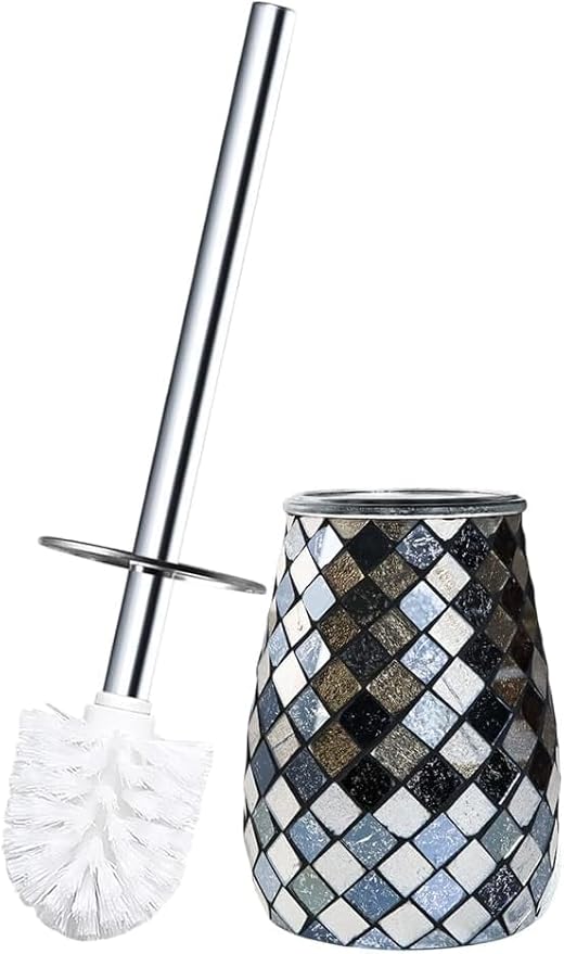 Escenzy Modern Toilet Brush and Holder Set Mosaic Glass | Non-Rustic Stainless Steel | Practical &amp Decorative Toilet Bowl Brush and Holder | Luxury Black and Gold Bathroom Accessories