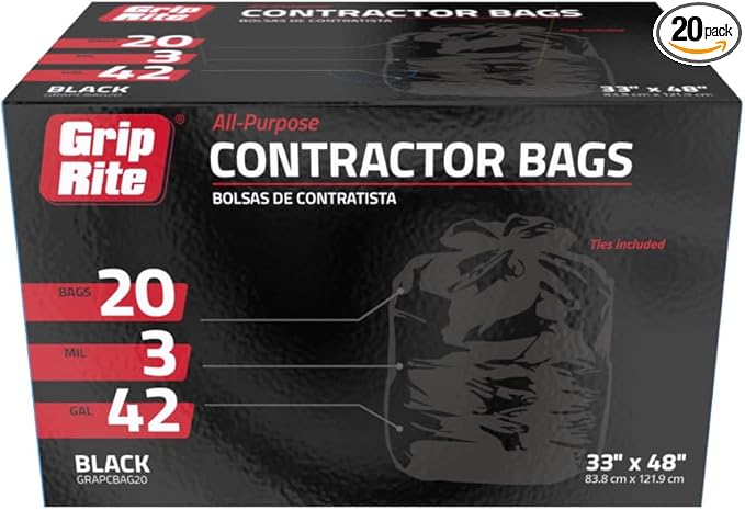 Grip-Rite GRAPCBAG20 All-Purpose Contractor Bags 42 Gallons 33 x 48 20 Count