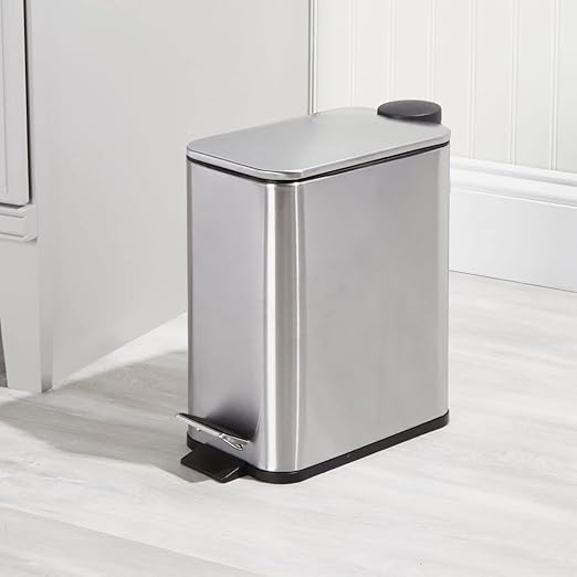 mDesign Slim Metal Rectangle 1.3 Gallon/5 Liter Trash Can with Step Pedal Easy-Close Lid Removable Liner - Narrow Wastebasket Garbage Container Bin for Bathroom Bedroom - Brushed Stainless Steel