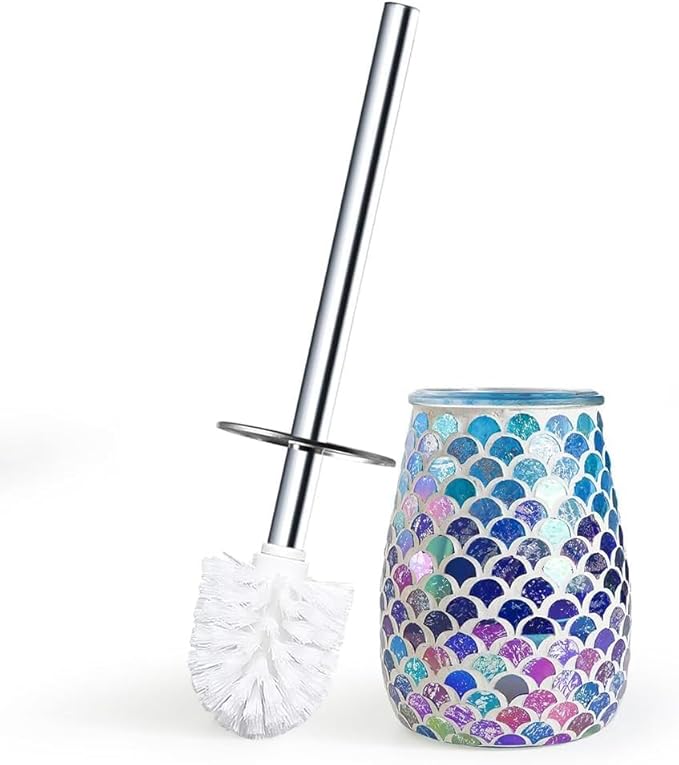 Escenzy Mermaid Bathroom Toilet Brush and Holder Set Mosaic Glass | Non-Rustic Stainless Steel | Practical &amp Decorative Toilet Bowl Brush and Holder | Luxury Mermaid Bathroom Decor