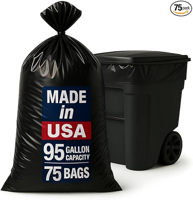 95-96 Gallon Extra-Large Black Garbage Can Liners Heavy-Duty Trash Bags 75 Bags 1.5 Mil Thick Ideal for Commercial &amp Home Use