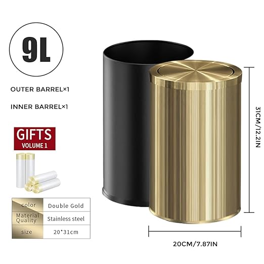 9 Liter/2.4 Gallon Gold Trash can with Swing lid Brass Small Trash can Gold Trash Bin with Lid for Office Living RoomBathroomRestaurant Bathroom