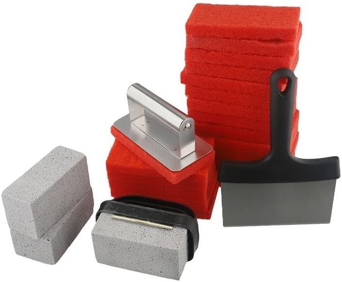 Griddle Cleaning Kit 26-Piece Heavy Duty Grill Cleaner Set with Stainless Steel and Plastic Handles Grill Stones Cleaning Pads and Scraper for Flat Top Griddles