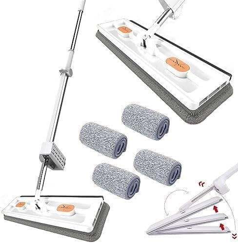 Large Flat Mop Large Surface Microfiber Flat Mop Wall Cleaning with Long Handle Magic 360° with Dewatering Scraper 12027(White Mop+4pcs Rag)