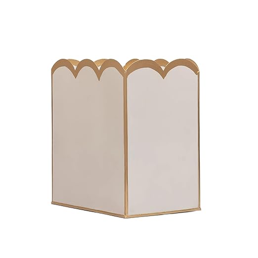 Jaye's Studio Decorative Trash Can Taupe &amp Gold Waste Basket Magazine Holder Metal Bathroom Wastebasket for Gold Office Decor &amp Gold Bedroom Decor Scallop Basket Small Waste Bin 7”x10”x7.