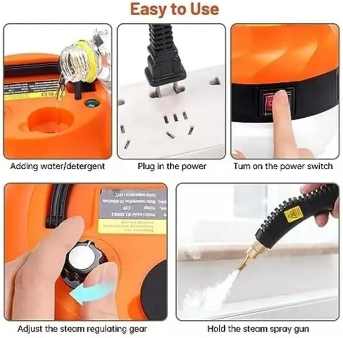 Handheld Steam Cleaner 1500W - High Temperature 229°F Pressurized Cleaner for Kitchen Bathroom &amp Car - Black &amp Orange with 3 Brush Attachments