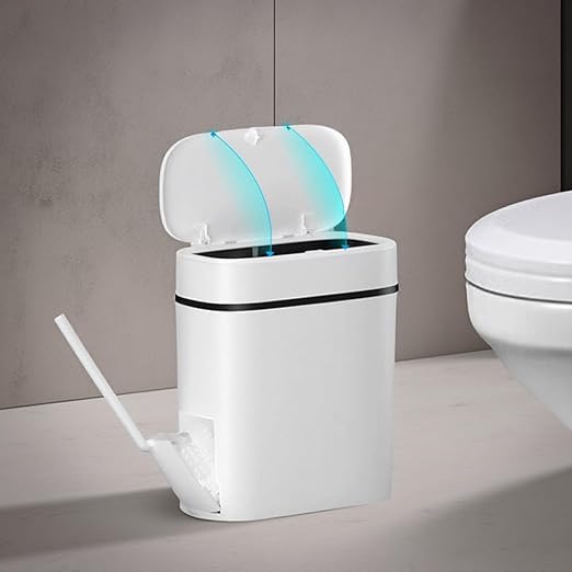 Bathroom Trash Can with Lid 14 Liter/ 3.7 Gallon Bathroom Trash Can and Toilet Brush Set for Restroom Bedroom Living Room Office White Lid