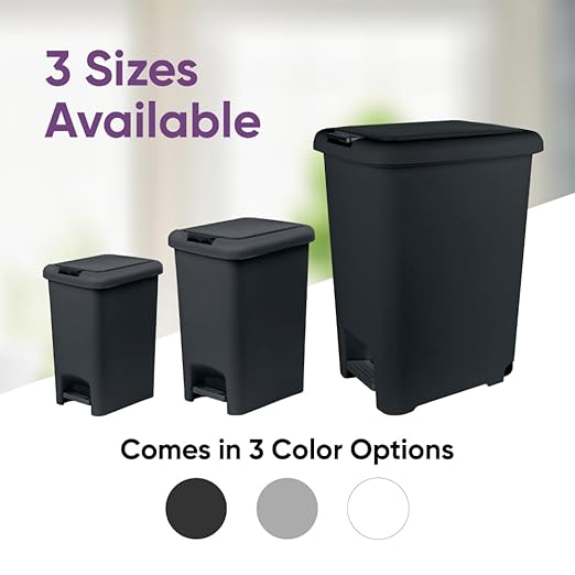 Superio 6.5L Slim Step &amp Push Trash Can - Dual Opening Smooth Matte Finish Durable Plastic (9.5x7x11.5) - Black