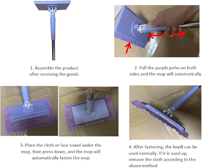 Automatic Cloth Clip mop Bathroom mop Household Cleaning Tablet Small mop Multifunctional face Towel mop Dry and Wet Dual-Purpose Extended 2 Sets (Purple 2PCS 35.8in)